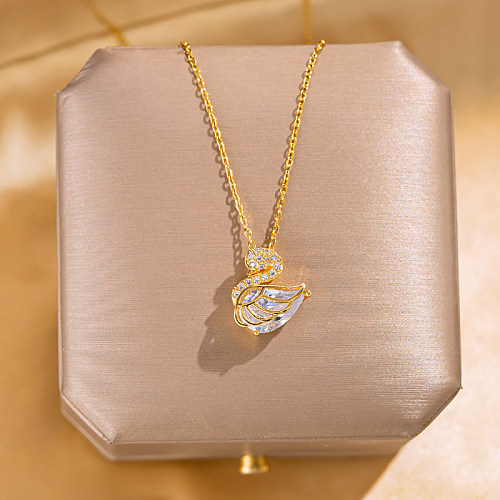 Elegant Simple Style Swan Stainless Steel Hollow Out Inlay Diamond 18K Gold Plated Pendant Necklace