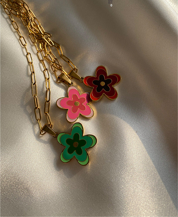 Retro Flower Stainless Steel Enamel Gold Plated Pendant Necklace 1 Piece