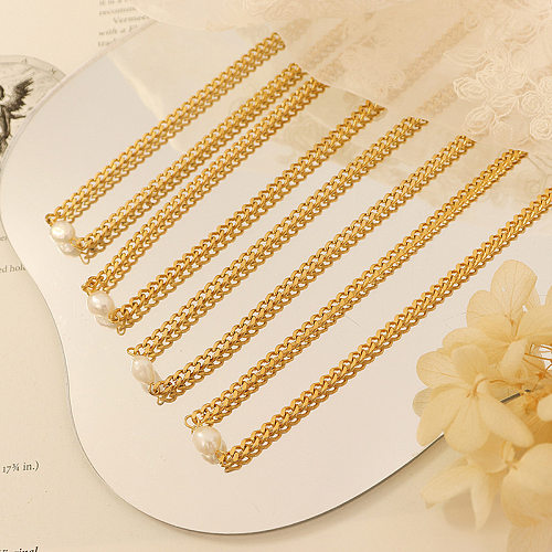 Mode eingelegte Perle Edelstahl 18k Gold Halskette Großhandel