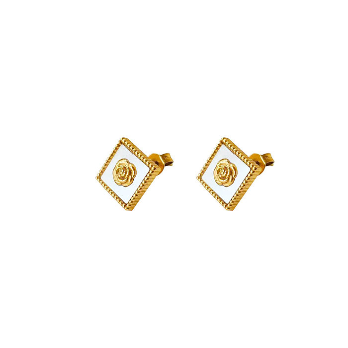 1 Pair Sweet Square Flower Plating Inlay Stainless Steel Shell 18K Gold Plated Ear Studs