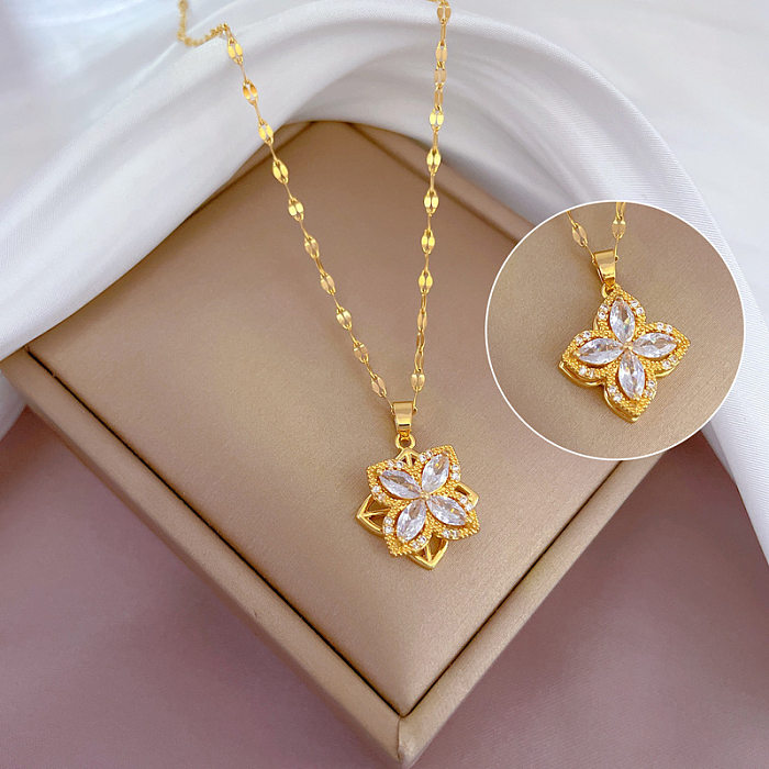 Modische Halskette mit Blumen-Anhänger aus Edelstahl und Kupfer-Inlay mit künstlichem Diamant