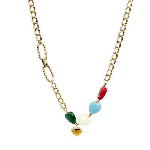 IG Style Casual Heart Shape Stainless Steel  Natural Stone Polishing Plating Gold Plated Pendant Necklace Long Necklace