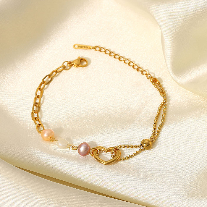 Fashion Geometric Color Pearl Stainless Steel Heart Pearl Bracelet