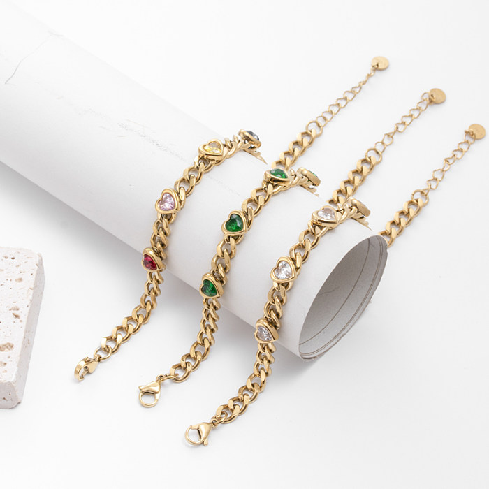 Simple Style Streetwear Heart Shape Stainless Steel Plating Inlay Zircon 18K Gold Plated Bracelets