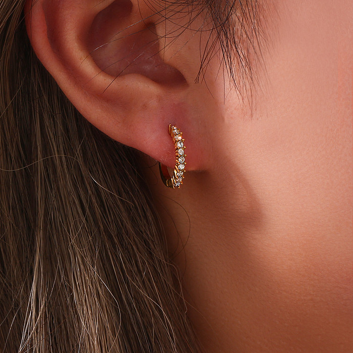 1 paire de boucles d'oreilles rondes en acier inoxydable, Style moderne, incrustation de Zircon plaqué or 18 carats