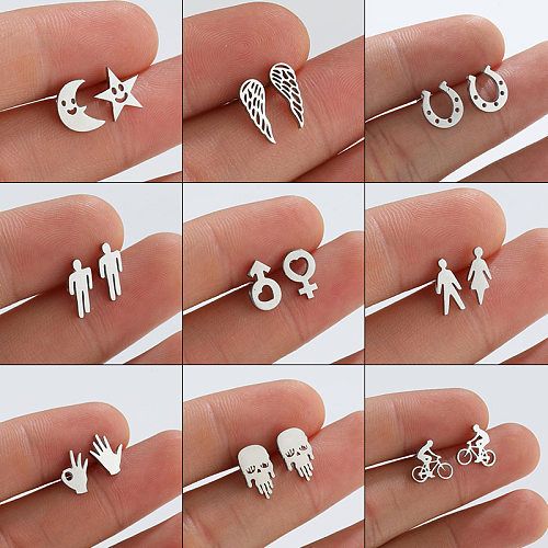 1 Pair Fashion Star Moon Wings Stainless Steel Asymmetrical Plating Hollow Out Ear Studs