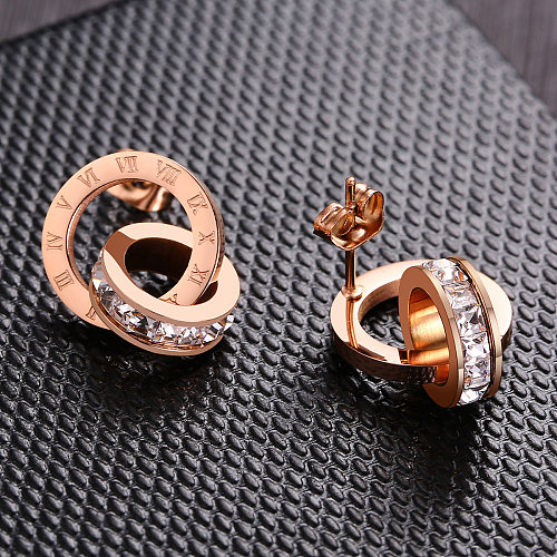 1 Paar schlichte, nummerierte Inlay-Ohrringe aus Edelstahl mit Strasssteinen, rosévergoldet