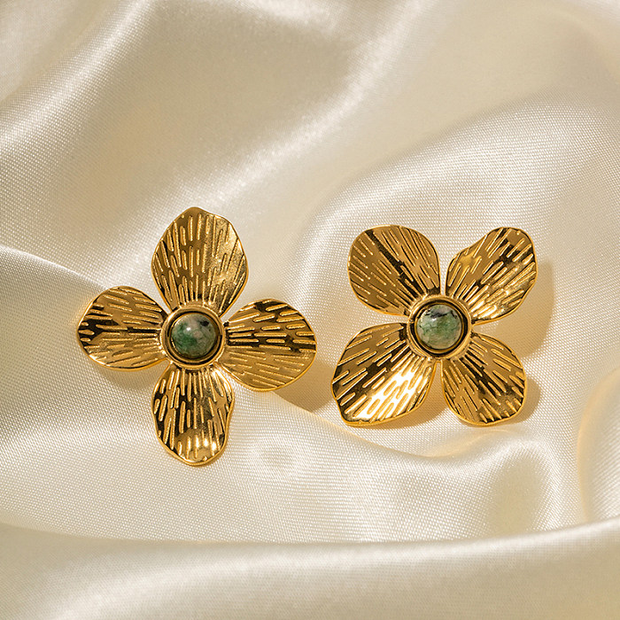 1 Pair Elegant Flower Stainless Steel  Plating Inlay Turquoise 18K Gold Plated Ear Studs