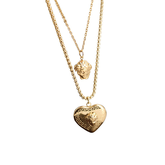 Retro Heart Shape Stainless Steel Plating 18K Gold Plated Layered Necklaces