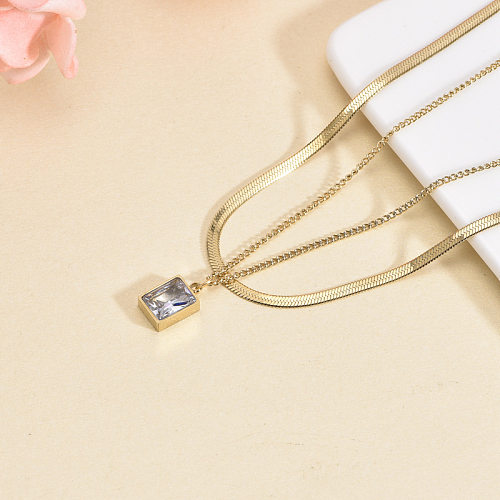 Simple Style Rectangle Stainless Steel Inlay Zircon 18K Gold Plated Layered Necklaces