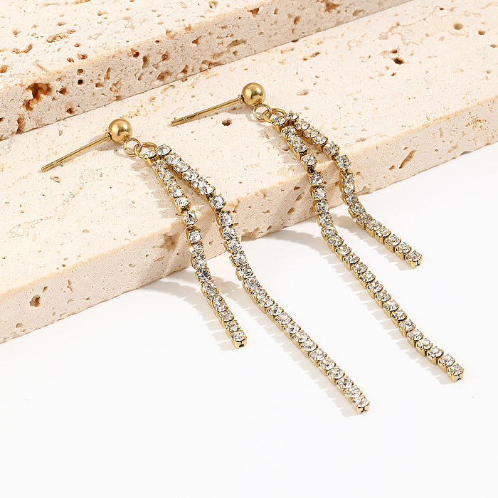 1 Pair Elegant Shiny Tassel Stainless Steel  Plating Inlay Rhinestones 14K Gold Plated Drop Earrings