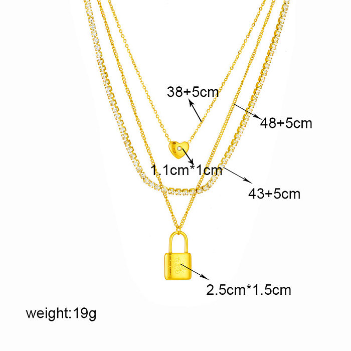 Retro Punk Heart Shape Lock Stainless Steel Plating Inlay Rhinestones 18K Gold Plated Three Layer Necklace
