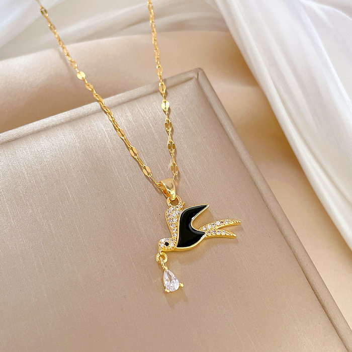 Cute Animal Bird Stainless Steel Copper Inlay Artificial Diamond Pendant Necklace
