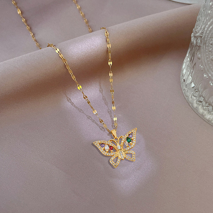Luxurious Sexy Butterfly Stainless Steel  Plating Inlay Zircon Silver Plated Pendant Necklace