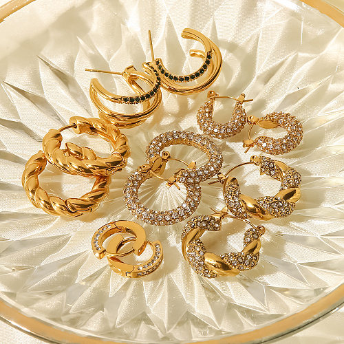 Glänzende geometrische Edelstahl-Ohrringe mit vergoldetem Zirkon, 1 Paar