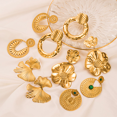 Modische geometrische Blatt-Ohrringe, rund, Edelstahl, vergoldet, hohle Ohrringe, 1 Paar