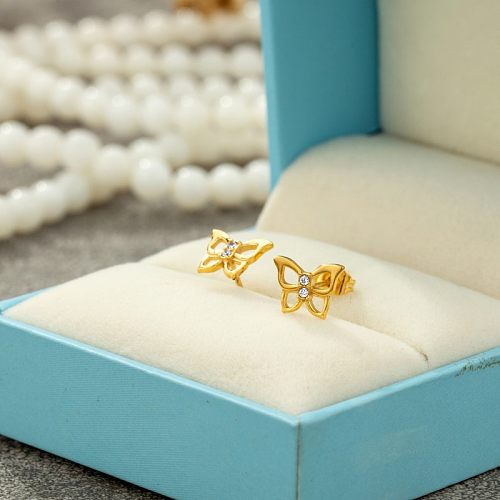 1 Pair IG Style Butterfly Plating Inlay Stainless Steel  Zircon Gold Plated Ear Studs