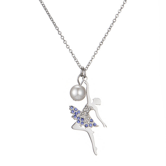 Simple Style Ballet Girl Stainless Steel  Imitation Pearl Inlay Zircon Pendant Necklace Necklace