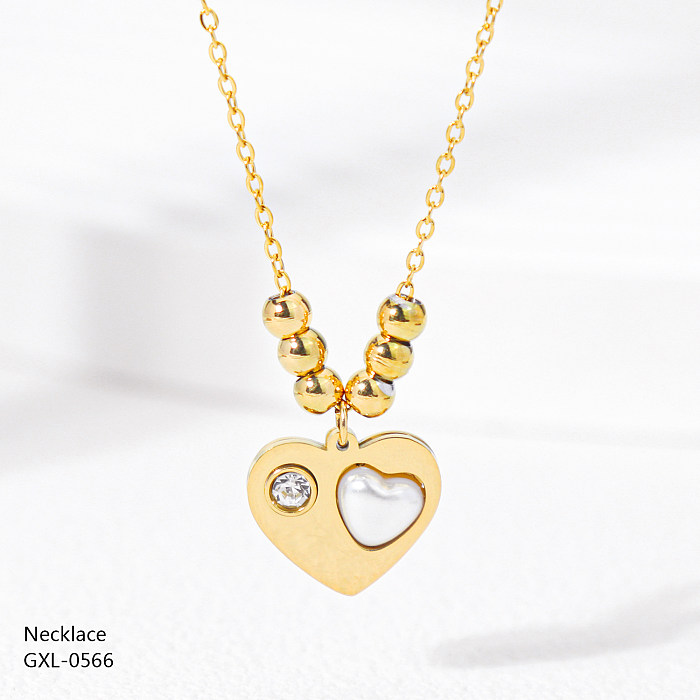 Casual Retro Heart Shape Stainless Steel  Epoxy Hollow Out Inlay Resin Rhinestones Pearl Rose Gold Plated Gold Plated Silver Plated Pendant Necklace