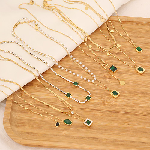 Modische, quadratische, geschichtete Halsketten aus Edelstahl, vergoldete Perlen-Edelstahl-Halsketten, 1 Stück