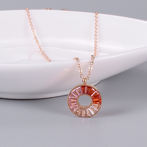 Simple Style Round Stainless Steel Plating Inlay Artificial Gemstones 18K Gold Plated Pendant Necklace