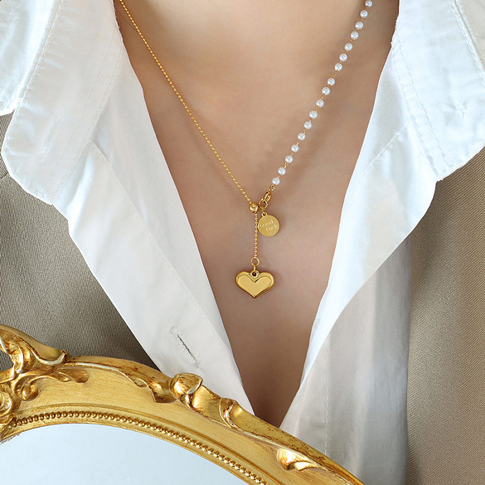 Simple Style Heart Shape Stainless Steel Pearl Plating Pendant Necklace 1 Piece