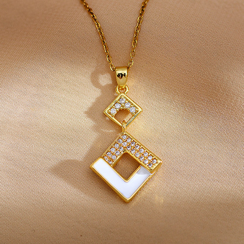 Retro Rhombus Stainless Steel Copper Enamel Inlay Zircon Pendant Necklace