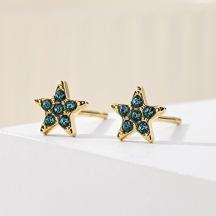 1 Pair Lady Streetwear Pentagram Plating Inlay Stainless Steel  Zircon 18K Gold Plated Ear Studs