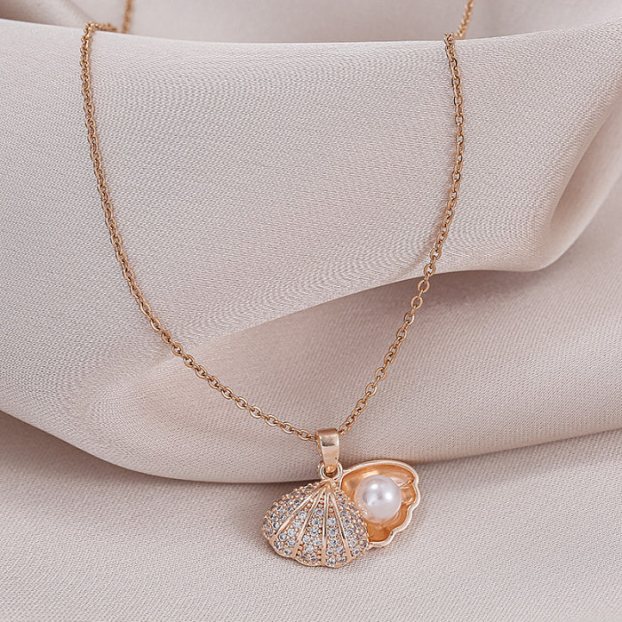 Casual Beach Shell Stainless Steel Plating Inlay Pearl Zircon Pendant Necklace