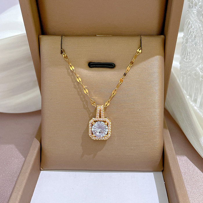 Schlichter Stil, quadratische Halskette aus Edelstahl mit Kupfereinlage und künstlichem Diamant