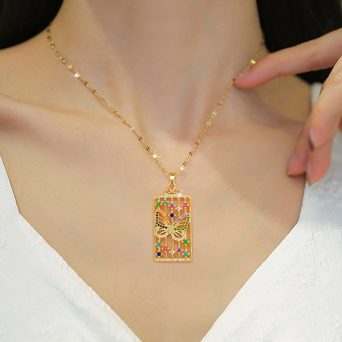 Fashion Butterfly Stainless Steel Copper Inlay Zircon Pendant Necklace