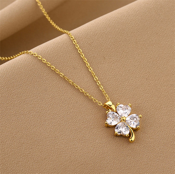Fashion Four Leaf Clover Stainless Steel Inlay Rhinestones Necklace 1 Piece