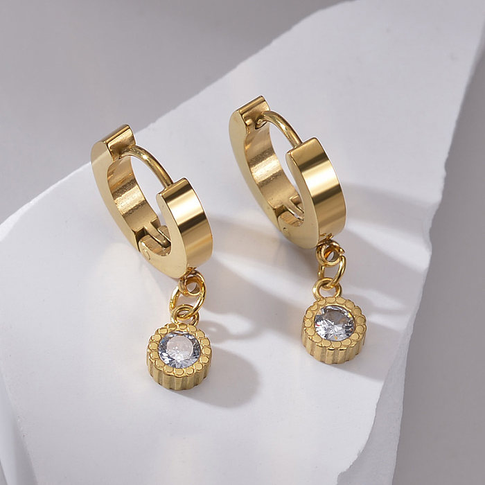 1 Pair Simple Style Classic Style Round Plating Inlay Stainless Steel  Zircon 14K Gold Plated Drop Earrings