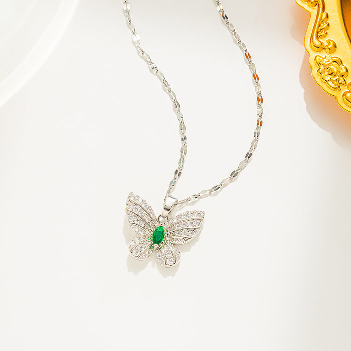 Lässige Schmetterlings-Halskette mit Intarsien-Zirkon-Anhänger aus Edelstahl