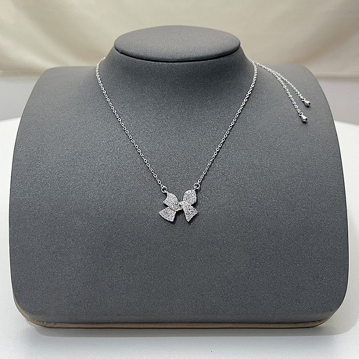 Sweet Letter Bow Knot Stainless Steel Plating Inlay Artificial Gemstones Pendant Necklace