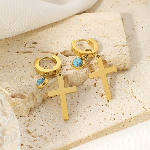 1 paire de boucles d'oreilles pendantes en acier inoxydable, Style Simple, incrustation de croix, Turquoise, plaqué or 18 carats