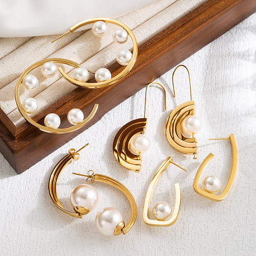 1 Paar elegante, künstlerische C-förmige Ohrstecker aus Edelstahl mit Inlay und künstlichen Perlen, 18 Karat vergoldet