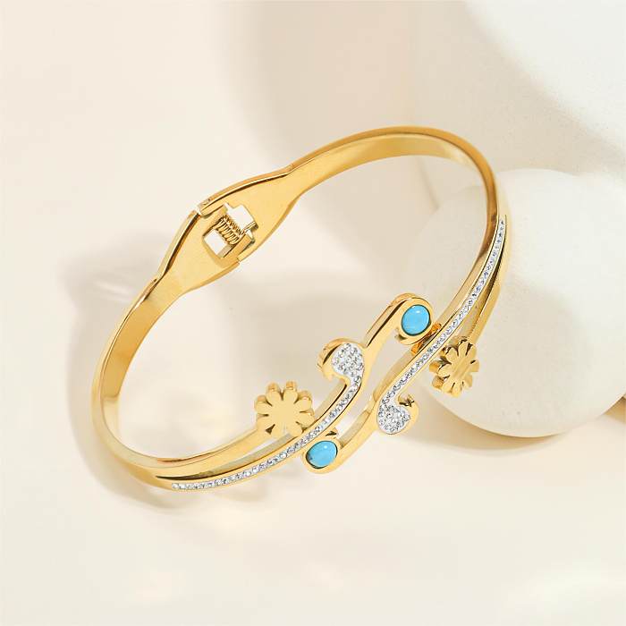 Simple Style Flower Stainless Steel Epoxy Plating Inlay Resin Rhinestones Rose Gold Plated Gold Plated Silver Plated Bangle