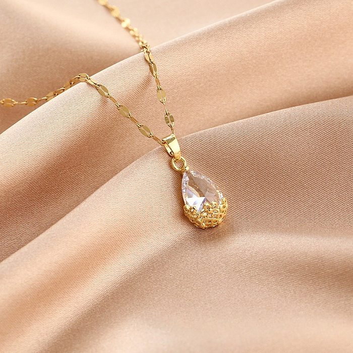 Wholesale Simple Style Water Droplets Crown Fish Tail Stainless Steel Zircon Pendant Necklace