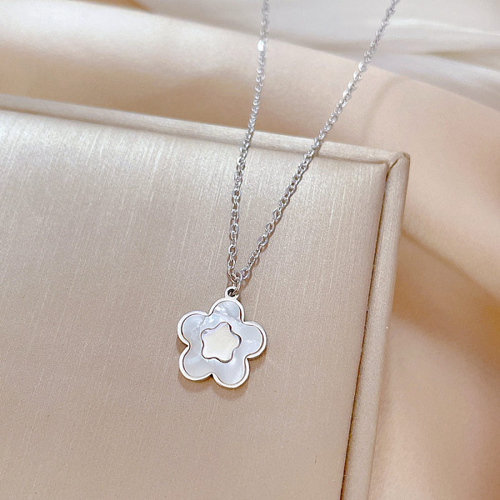 Elegant Flower Stainless Steel Plating Inlay Shell Pendant Necklace