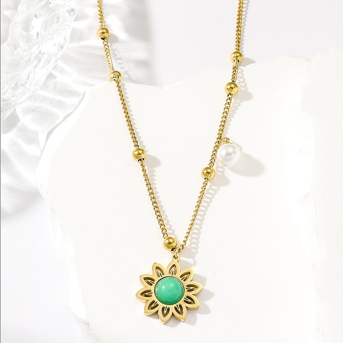 1 collar de flores turquesa electrochapado en oro Real bohemio, collar de perlas florales a la moda para mujer