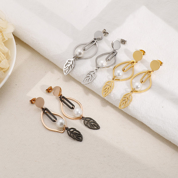Boucles d'oreilles en forme de feuille de perle en acier inoxydable, bijoux à la mode, vente en gros