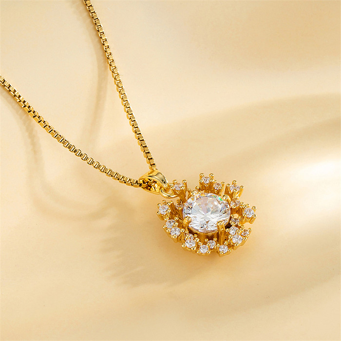 Elegante flor doce chapeamento de aço inoxidável embutimento colar de pingente de diamante artificial