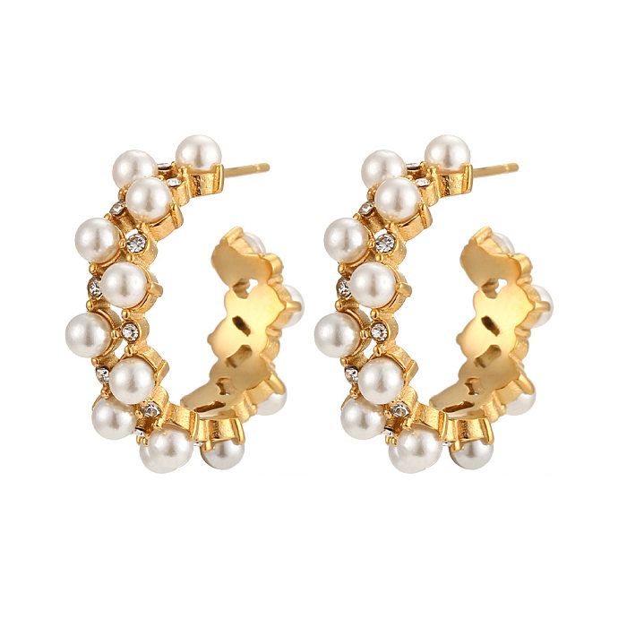 Elegante C-förmige Edelstahlohrringe mit Inlay aus künstlichen Perlen und Zirkon-Edelstahlohrringen