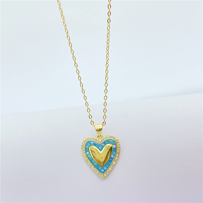 Sweet Heart Shape Stainless Steel  Copper Inlay Rhinestones Pendant Necklace