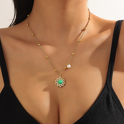 1 collier bohème en or véritable plaqué Turquoise, fleur, collier de perles florales à la mode pour femmes