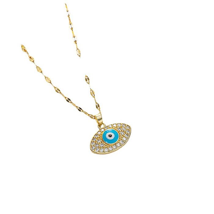 IG Style Devil's Eye Stainless Steel Enamel Plating Inlay Artificial Diamond Pendant Necklace