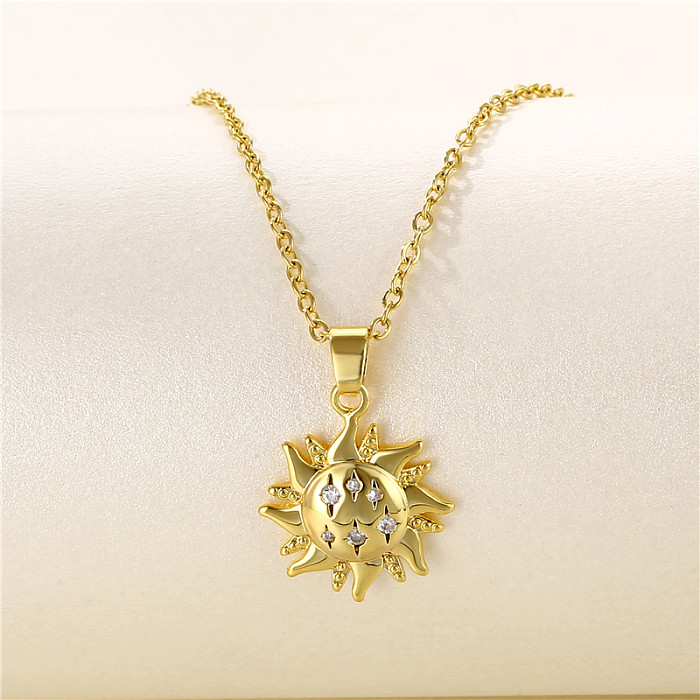 Atacado artístico círculo geométrico flor aço inoxidável 18k banhado a ouro zircão pingente colar
