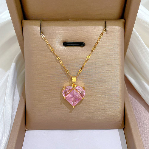Simple Style Heart Shape Stainless Steel Copper Inlay Zircon Necklace