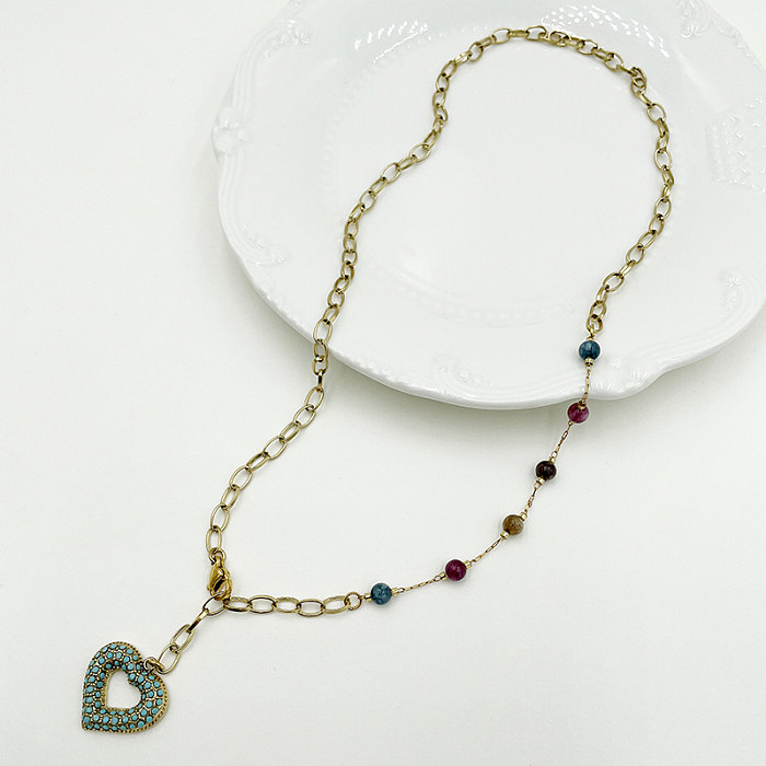 Romantique doux Style Simple forme de coeur en acier inoxydable Patchwork émail placage plaqué or pendentif collier